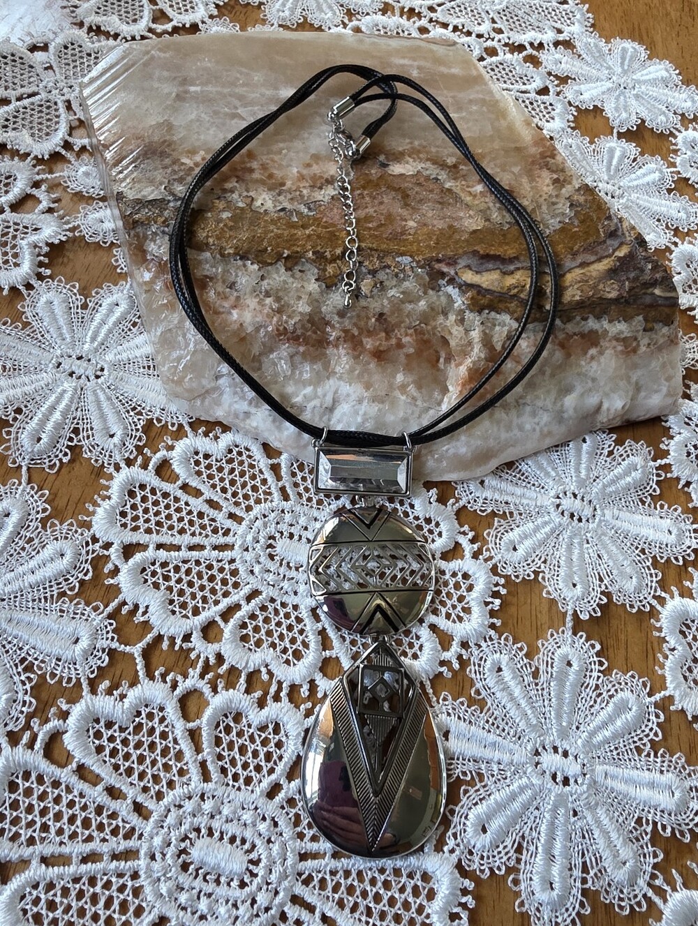 Boho Silver Tone Geometric Pendant Adjustable Cord Strap Necklace